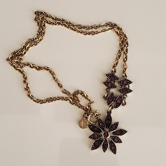 Caroline Necklace Gold Tone Purple Rhinestones in Black Art Deco Style Signed - Picture 7 of 9